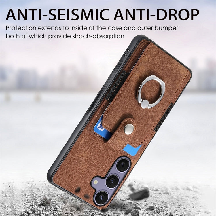 For Samsung Galaxy S25+ 5G Retro Skin-feel Ring Card Wallet Phone Case(Brown) - Galaxy S25+ 5G Cases by PMC TechLife | Online Shopping South Africa | PMC TechLife | Buy Now Pay Later Mobicred