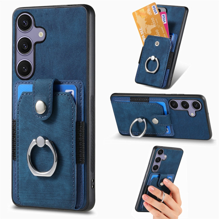 For Samsung Galaxy S25 Ultra 5G Retro Skin-feel Ring Card Wallet Phone Case(Blue) - Galaxy S25 Ultra 5G Cases by PMC TechLife | Online Shopping South Africa | PMC TechLife | Buy Now Pay Later Mobicred