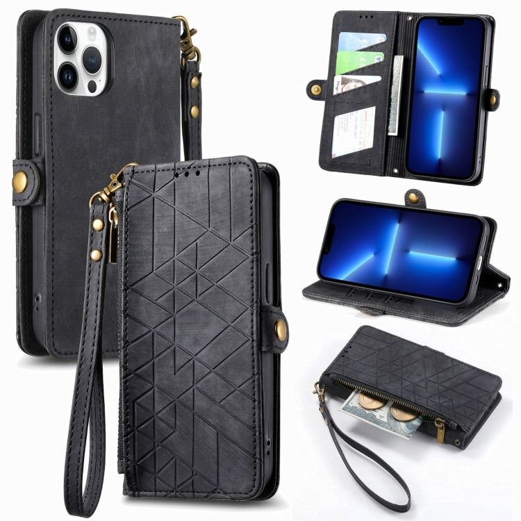 For iPhone 13 Pro Geometric Zipper Wallet Side Buckle Leather Phone Case(Black) - free shipping - PMC TechLife - Order now!