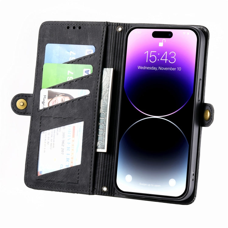 For iPhone 13 Pro Geometric Zipper Wallet Side Buckle Leather Phone Case(Black) - free shipping - PMC TechLife - Order now!