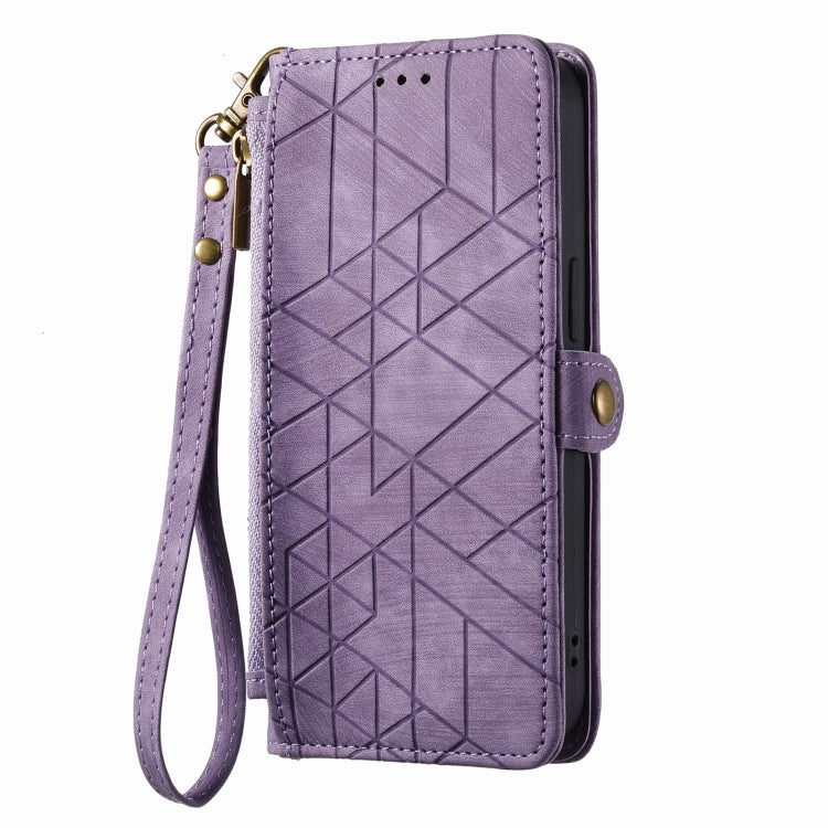 For iPhone 13 Pro Geometric Zipper Wallet Side Buckle Leather Phone Case(Purple) - free shipping - PMC TechLife - Order now!