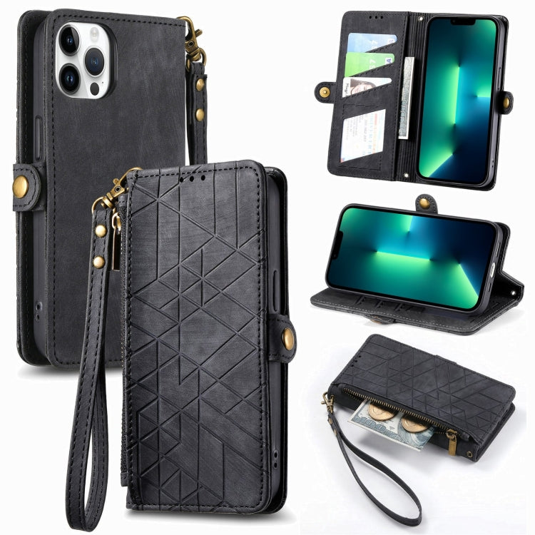 For iPhone 13 Pro Max Geometric Zipper Wallet Side Buckle Leather Phone Case(Black) - free shipping - PMC TechLife - Order now!