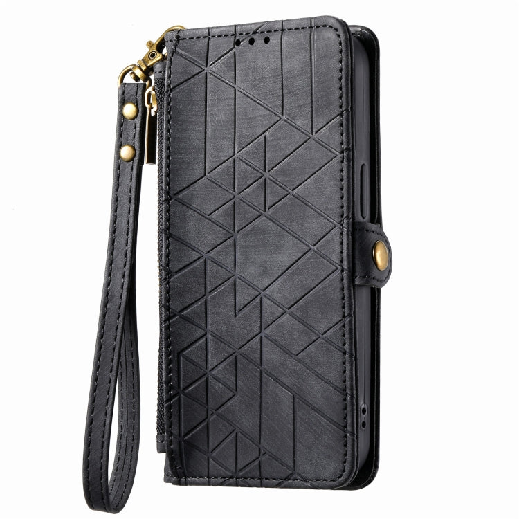 For iPhone 13 Pro Max Geometric Zipper Wallet Side Buckle Leather Phone Case(Black) - free shipping - PMC TechLife - Order now!