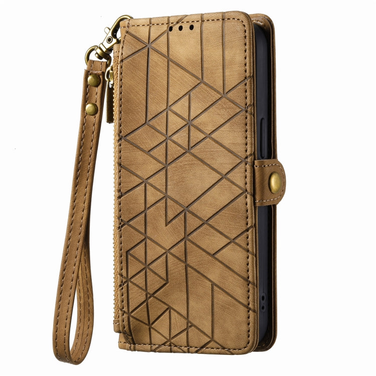 For iPhone 12 / 12 Pro Geometric Zipper Wallet Side Buckle Leather Phone Case(Brown) - free shipping - PMC TechLife - Order now!