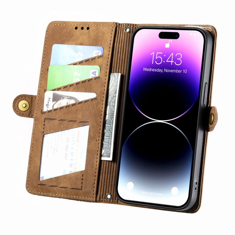 For iPhone 12 / 12 Pro Geometric Zipper Wallet Side Buckle Leather Phone Case(Brown) - free shipping - PMC TechLife - Order now!