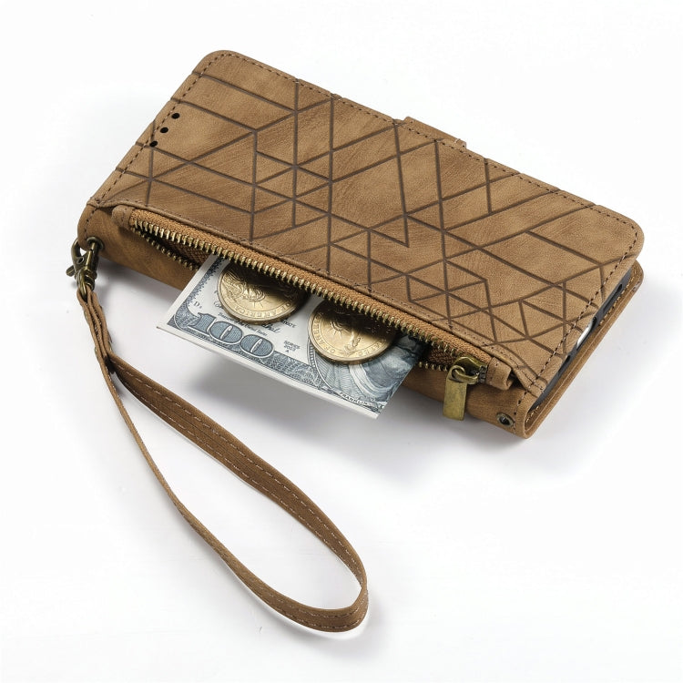 For iPhone 11 Pro Geometric Zipper Wallet Side Buckle Leather Phone Case(Brown) - free shipping - PMC TechLife - Order now!
