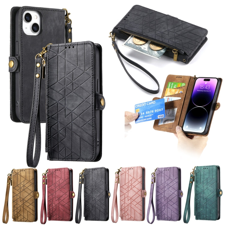 For iPhone 15 Pro Max Geometric Zipper Wallet Side Buckle Leather Phone Case(Purple) - free shipping - PMC TechLife - Order now!