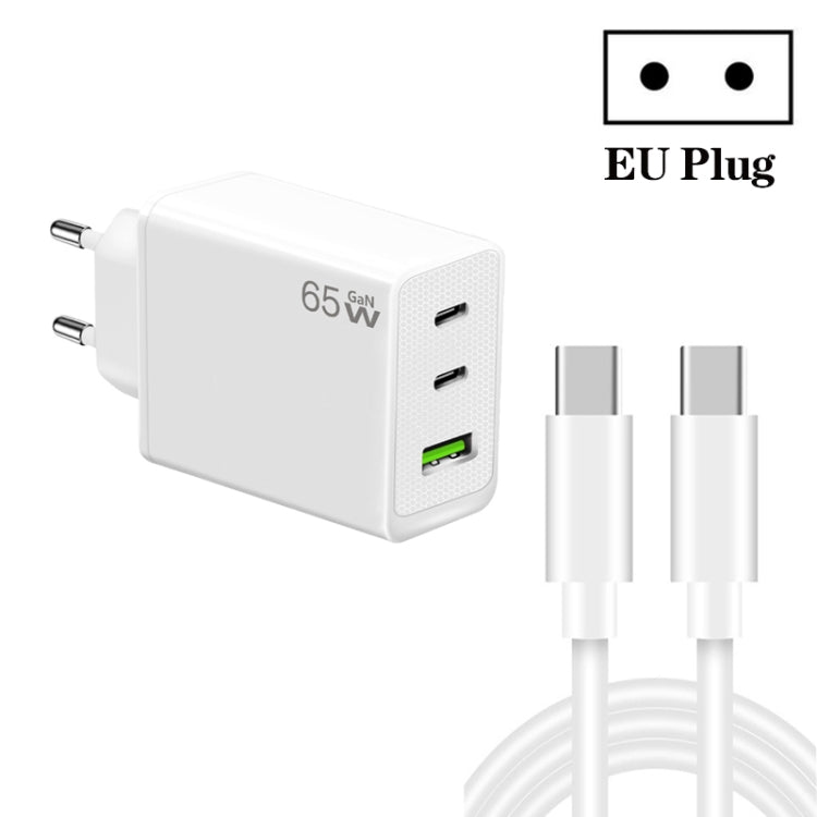 GaN PD65W Type-C x 2 + USB3.0 Charger with Type-C to Type-C Data Cable ,EU Plug(White) - free shipping - PMC Jewellery - Order now!