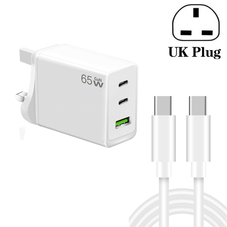 GaN PD65W Type-C x 2 + USB3.0 Charger with Type-C to Type-C Data Cable ,UK Plug(White) - free shipping - PMC Jewellery - Order now!