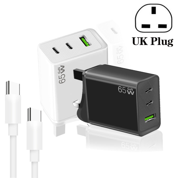 GaN PD65W Type-C x 2 + USB3.0 Charger with Type-C to Type-C Data Cable ,UK Plug(Black) - free shipping - PMC Jewellery - Order now!
