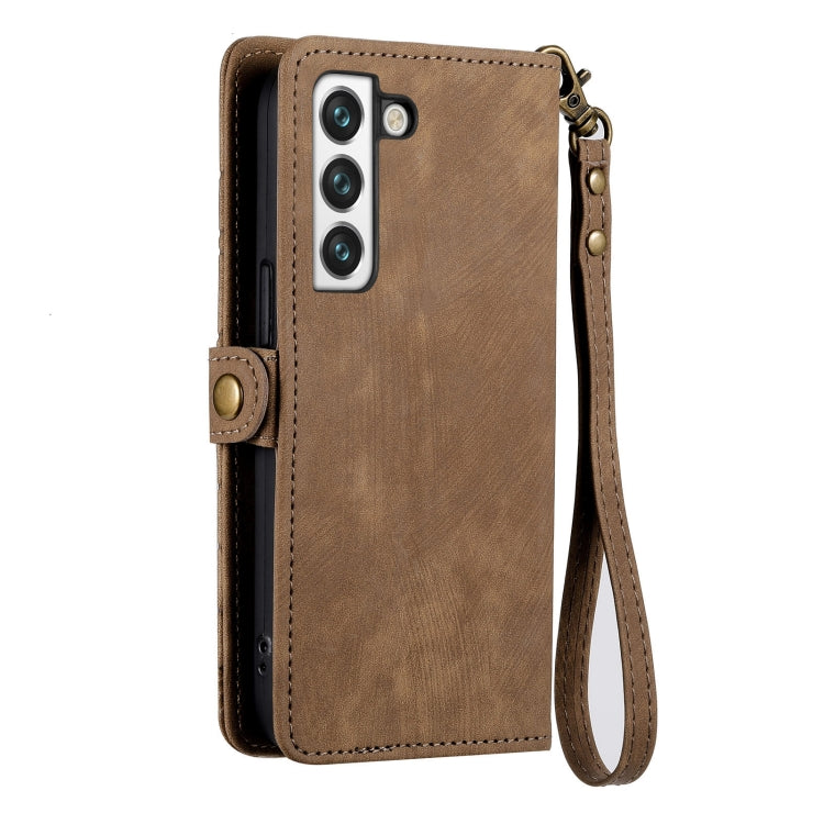 For Samsung Galaxy S23 5G Geometric Zipper Wallet Side Buckle Leather Phone Case(Brown) - free shipping - PMC TechLife - Order now!