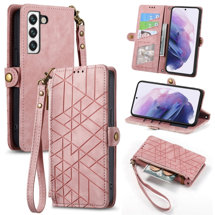For Samsung Galaxy S23 Ultra 5G Geometric Zipper Wallet Side Buckle Leather Phone Case(Pink) - free shipping - PMC TechLife - Order now!