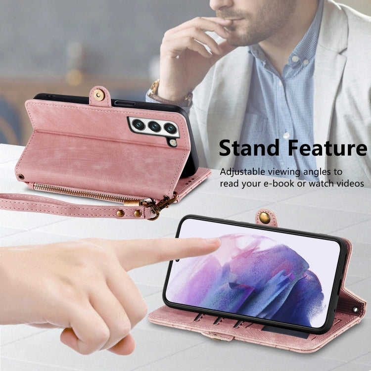 For Samsung Galaxy S21 FE 5G Geometric Zipper Wallet Side Buckle Leather Phone Case(Pink) - free shipping - PMC TechLife - Order now!