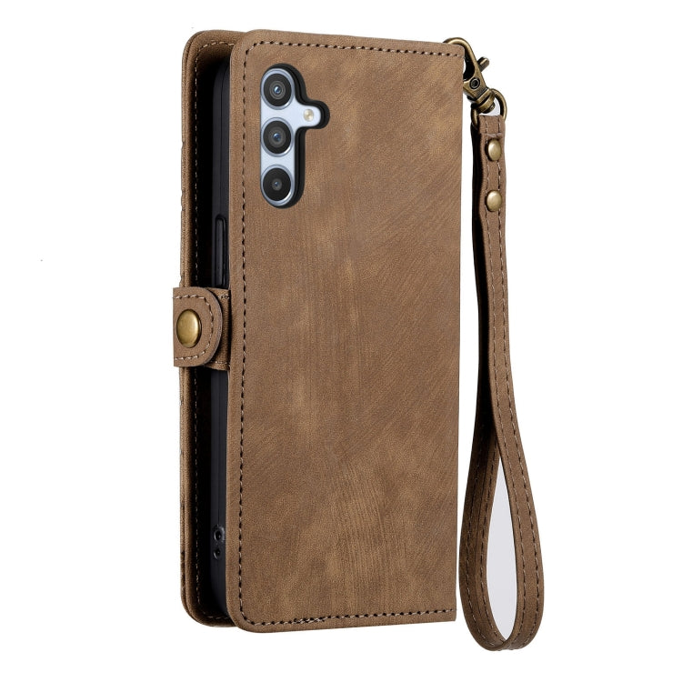 For Samsung Galaxy A21S Geometric Zipper Wallet Side Buckle Leather Phone Case(Brown) - free shipping - PMC TechLife - Order now!