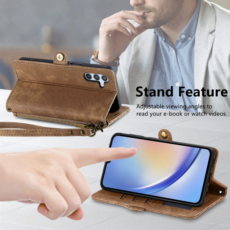 For Samsung Galaxy A13 4G Geometric Zipper Wallet Side Buckle Leather Phone Case(Brown) - free shipping - PMC TechLife - Order now!