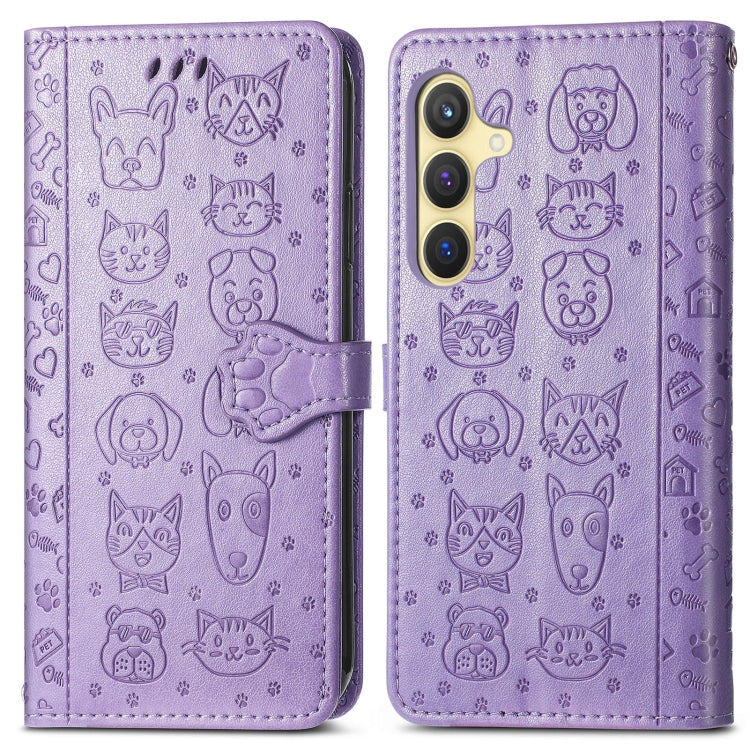 For Samsung Galaxy S25 5G Cat and Dog Embossed Leather Phone Case(Purple) - Galaxy S25 5G Cases by PMC Jewellery | Online Shopping South Africa | PMC Jewellery | Buy Now Pay Later Mobicred