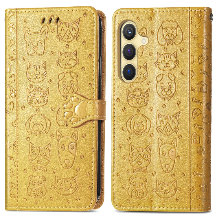 For Samsung Galaxy S25 5G Cat and Dog Embossed Leather Phone Case(Yellow) - Galaxy S25 5G Cases by PMC Jewellery | Online Shopping South Africa | PMC Jewellery | Buy Now Pay Later Mobicred