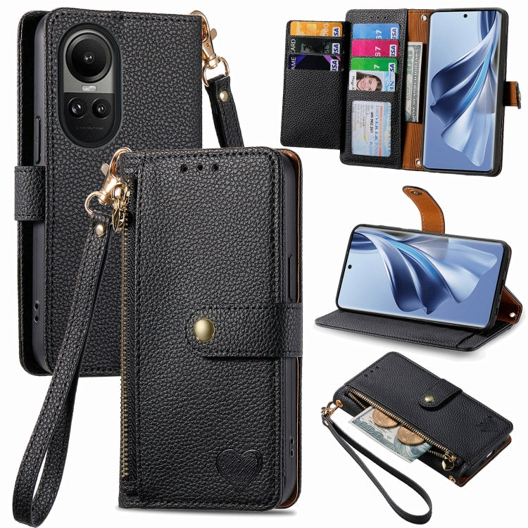 For OPPO Reno10 / 10 Pro Global Love Zipper Lanyard Leather Phone Case(Black) - OPPO Cases by PMC TechLife | Online Shopping South Africa | PMC TechLife
