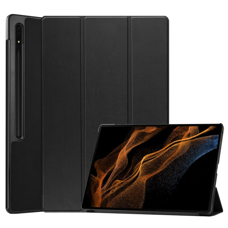 For Samsung Galaxy Tab S9 Ultra JUNSUNMAY Custer Solid Color 3-Fold Stand Leather Smart Tablet Case(Black) - free shipping - PMC Jewellery - Order now!