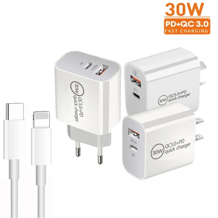 PD30W USB-C / Type-C + QC3.0 USB Dual Port Charger with 1m Type-C to 8 Pin Data Cable, EU Plug - free shipping - PMC Jewellery - Order now!