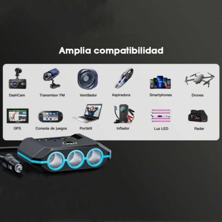 TR-52 With LED Voltage Display QC3.0 Car Fast Charging 3 Socket Adapter - Car Charger by PMC TechLife | Online Shopping South Africa | PMC TechLife | Buy Now Pay Later Mobicred