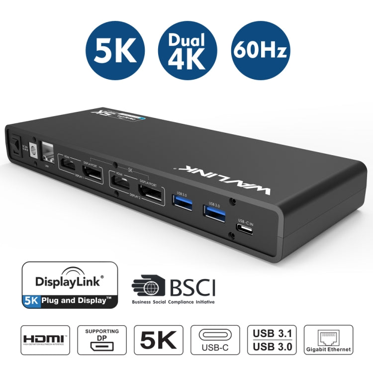 Wavlink UG69DK1 5K Type-C Dual Display USB 3.0 Video Gigabit Ethernet HDMI Docking Station, Plug:EU Plug - free shipping - PMC TechLife - Order now!