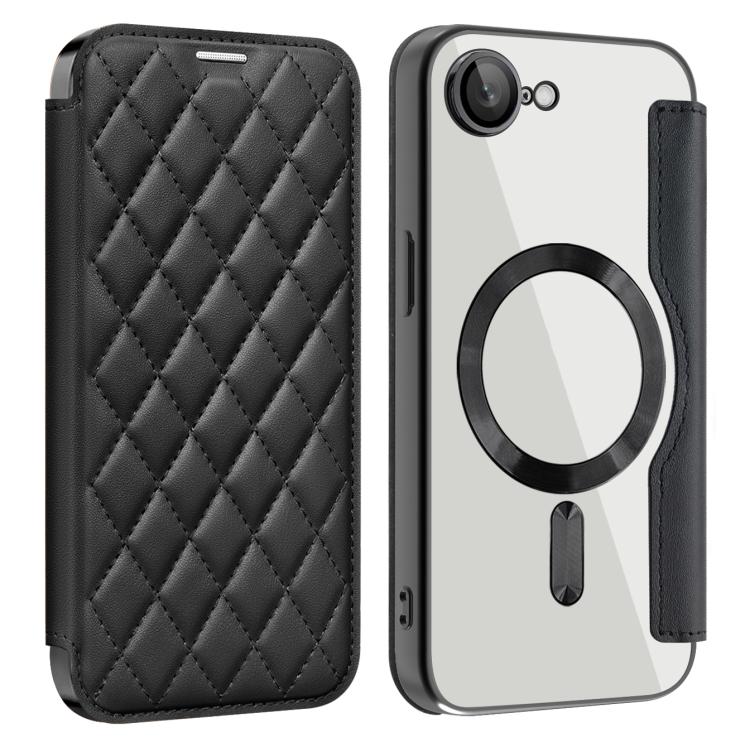 For iPhone 16e Shield Magsafe RFID Anti-theft Rhombus Leather Phone Case(Black) - iPhone 16e Cases by PMC TechLife | Online Shopping South Africa | PMC TechLife | Buy Now Pay Later Mobicred