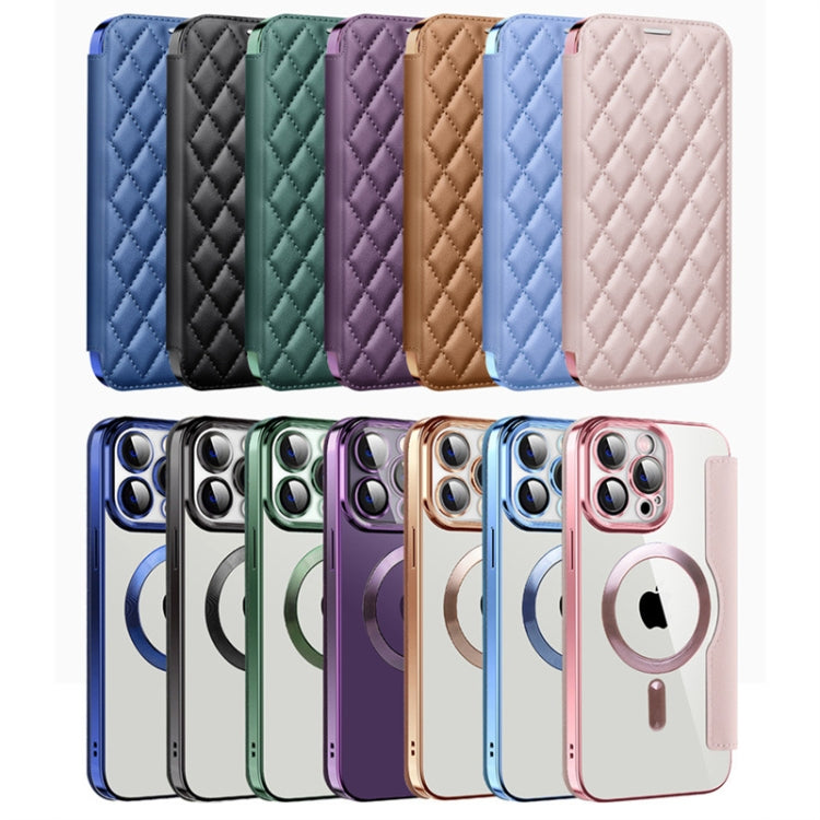 For iPhone 16e Shield Magsafe RFID Anti-theft Rhombus Leather Phone Case(Pink) - iPhone 16e Cases by PMC TechLife | Online Shopping South Africa | PMC TechLife | Buy Now Pay Later Mobicred