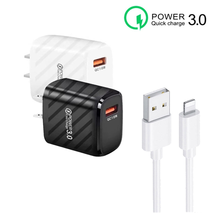 TE-005 QC3.0 18W USB Fast Charger with 1m 3A USB to 8 Pin Cable, US Plug(Black) - free shipping - PMC Jewellery - Order now!