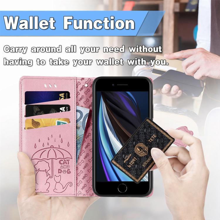 For iPhone 16e Cat and Dog Embossed Leather Phone Case(Pink) - iPhone 16e Cases by PMC TechLife | Online Shopping South Africa | PMC TechLife | Buy Now Pay Later Mobicred
