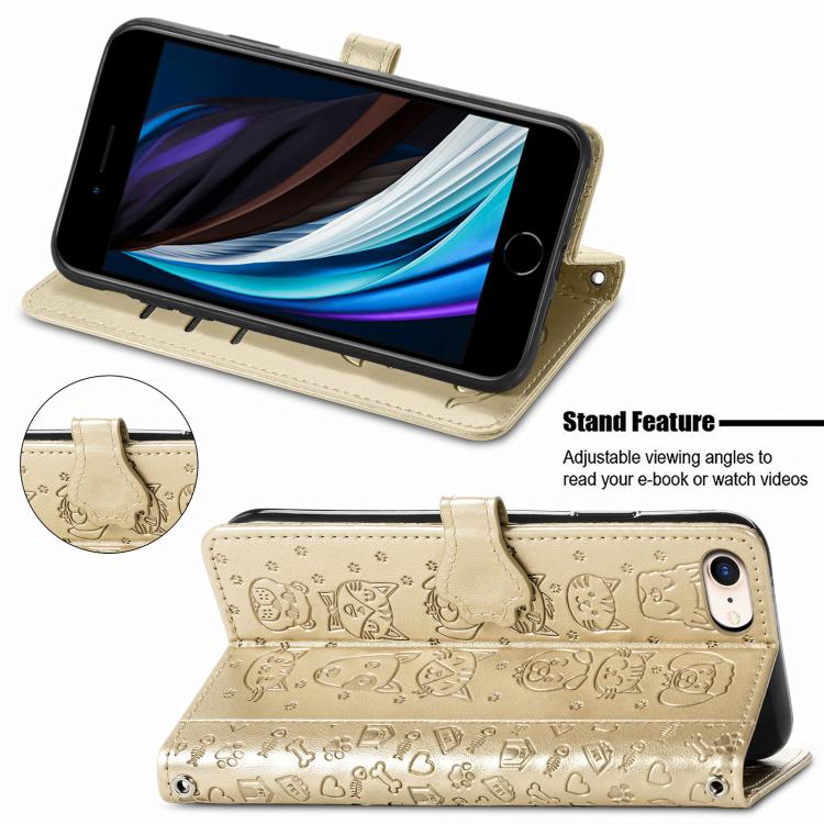 For iPhone 16e Cat and Dog Embossed Leather Phone Case(Gold) - iPhone 16e Cases by PMC TechLife | Online Shopping South Africa | PMC TechLife | Buy Now Pay Later Mobicred