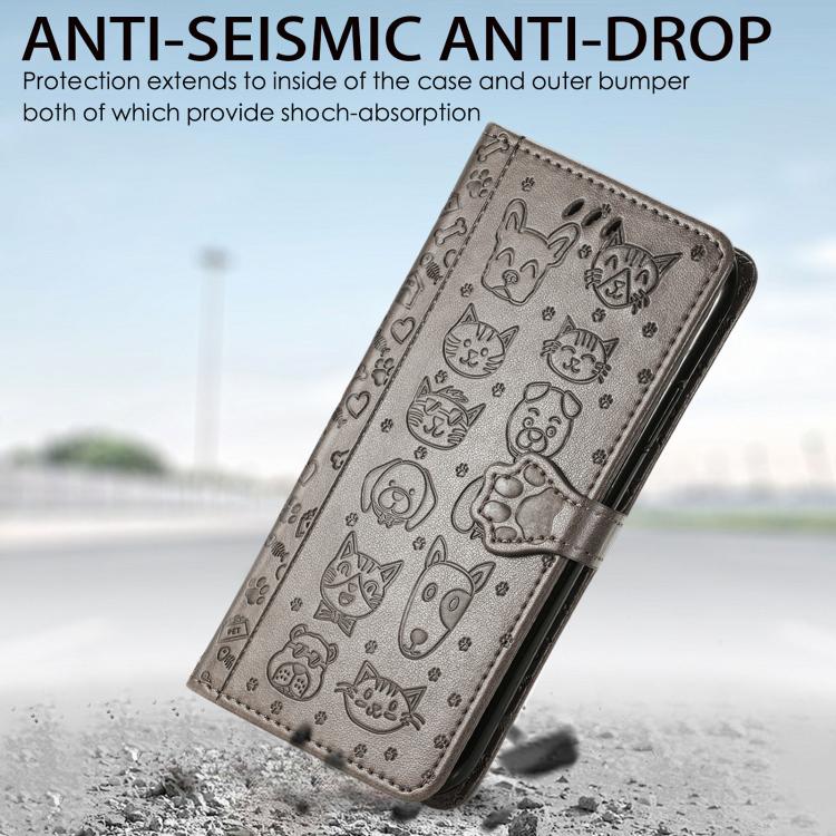 For iPhone 16e Cat and Dog Embossed Leather Phone Case(Gray) - iPhone 16e Cases by PMC TechLife | Online Shopping South Africa | PMC TechLife | Buy Now Pay Later Mobicred