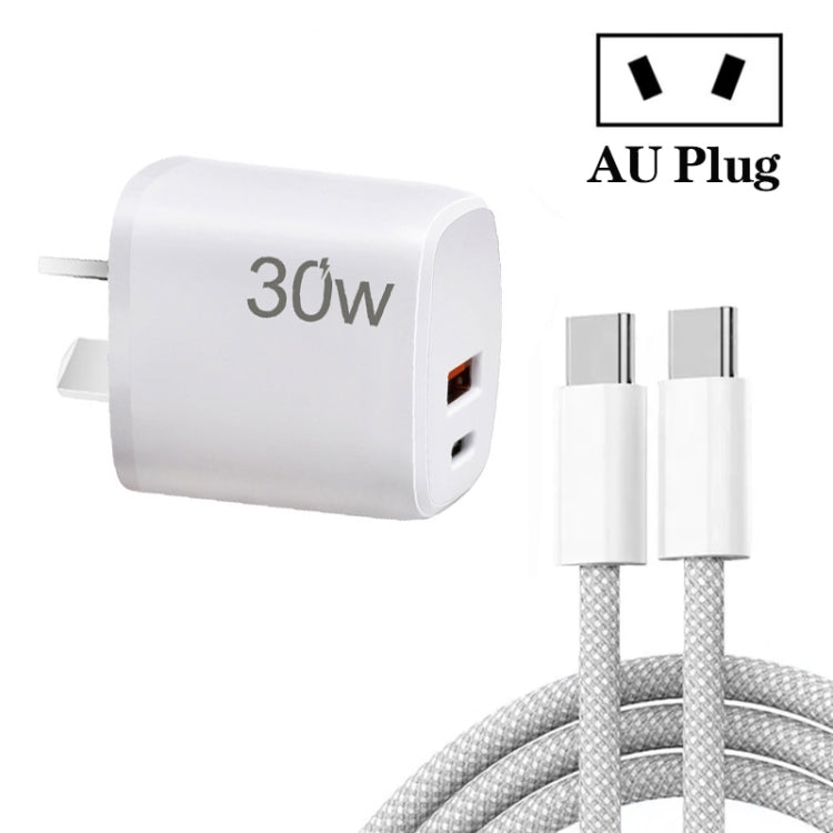 PD30W USB-C / Type-C + QC3.0 USB Charger with 1m Type-C to Type-C Data Cable, AU Plug(White) - USB Charger by PMC TechLife | Online Shopping South Africa | PMC TechLife | Buy Now Pay Later Mobicred