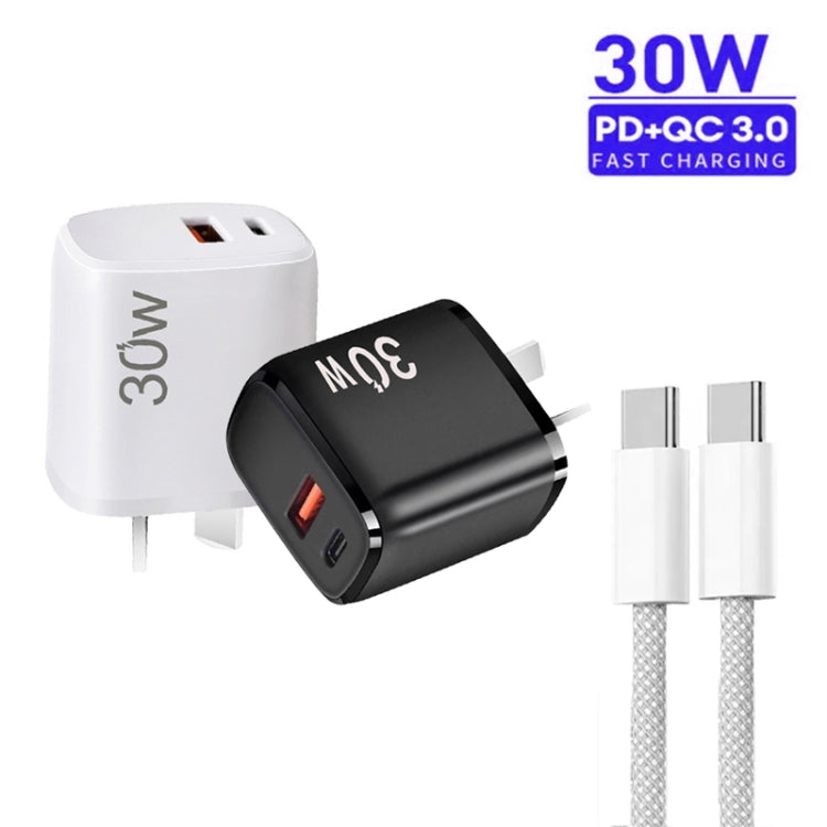 PD30W USB-C / Type-C + QC3.0 USB Charger with 1m Type-C to Type-C Data Cable, AU Plug(White) - USB Charger by PMC TechLife | Online Shopping South Africa | PMC TechLife | Buy Now Pay Later Mobicred