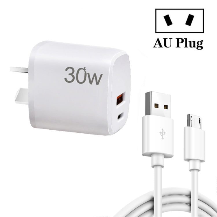 PD30W USB-C / Type-C + QC3.0 USB Charger with 1m USB to Micro USB Data Cable, AU Plug(White) - free shipping - PMC TechLife - Order now!