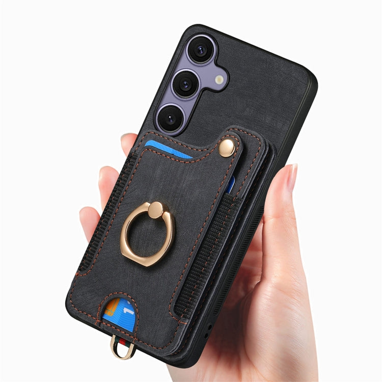 For Samsung Galaxy S25 5G Retro Skin-feel Ring Multi-card Wallet Phone Case(Black) - Galaxy S25 5G Cases by PMC TechLife | Online Shopping South Africa | PMC TechLife | Buy Now Pay Later Mobicred