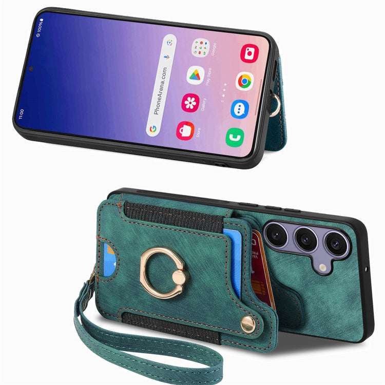 For Samsung Galaxy S25 5G Retro Skin-feel Ring Multi-card Wallet Phone Case(Green) - Galaxy S25 5G Cases by PMC TechLife | Online Shopping South Africa | PMC TechLife | Buy Now Pay Later Mobicred