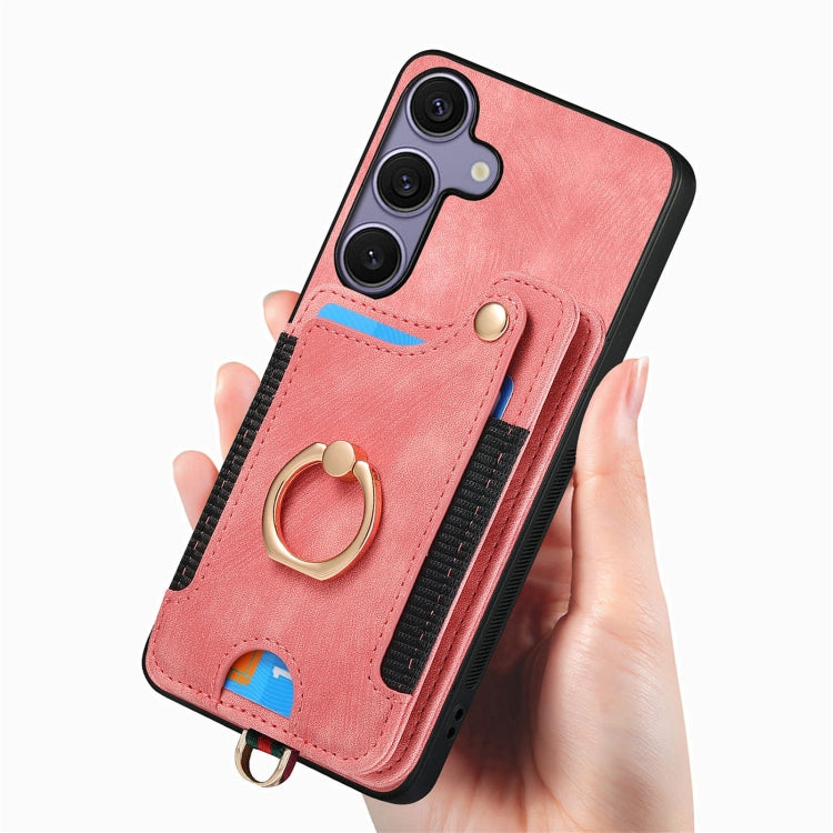 For Samsung Galaxy S25+ 5G Retro Skin-feel Ring Multi-card Wallet Phone Case(Pink) - Galaxy S25+ 5G Cases by PMC TechLife | Online Shopping South Africa | PMC TechLife | Buy Now Pay Later Mobicred