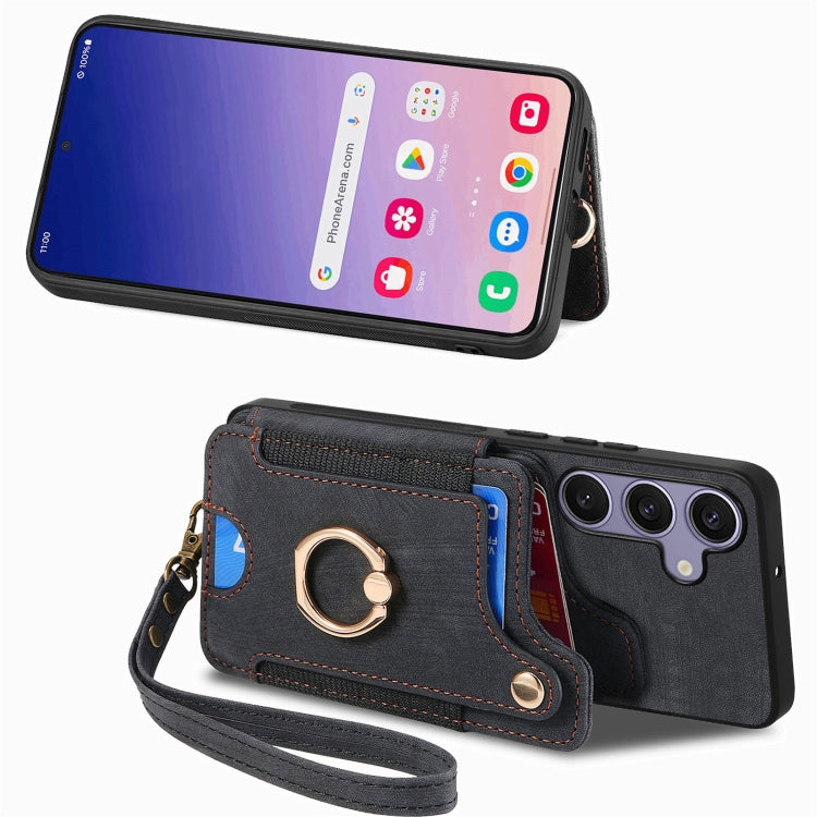 For Samsung Galaxy S25+ 5G Retro Skin-feel Ring Multi-card Wallet Phone Case(Black) - Galaxy S25+ 5G Cases by PMC TechLife | Online Shopping South Africa | PMC TechLife | Buy Now Pay Later Mobicred