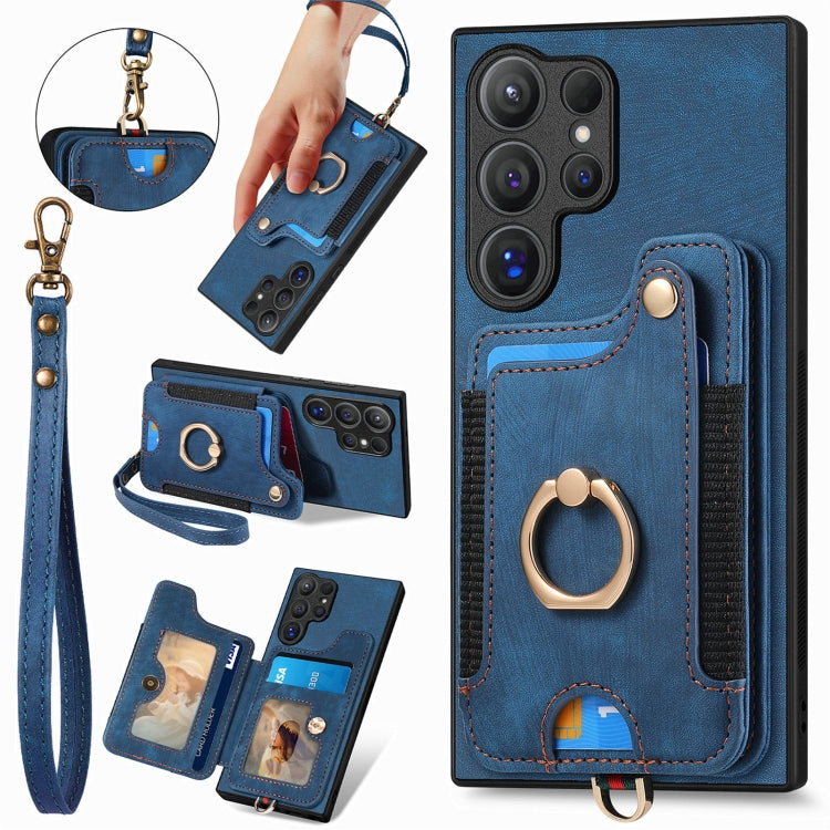 For Samsung Galaxy S25 Ultra 5G Retro Skin-feel Ring Multi-card Wallet Phone Case(Blue) - Galaxy S25 Ultra 5G Cases by PMC TechLife | Online Shopping South Africa | PMC TechLife | Buy Now Pay Later Mobicred