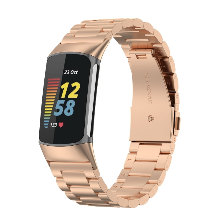 For Fitbit Charge 6 Three Beads Stainless Steel Metal Watch Band(Rose Gold) - Watch Bands by PMC TechLife | Online Shopping South Africa | PMC TechLife | Buy Now Pay Later Mobicred