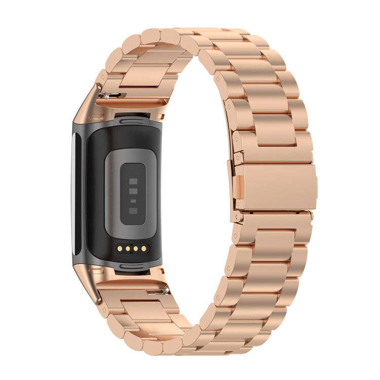 For Fitbit Charge 6 Three Beads Stainless Steel Metal Watch Band(Rose Gold) - Watch Bands by PMC TechLife | Online Shopping South Africa | PMC TechLife | Buy Now Pay Later Mobicred
