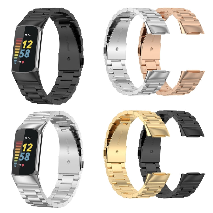 For Fitbit Charge 6 Three Beads Stainless Steel Metal Watch Band(Black) - Watch Bands by PMC TechLife | Online Shopping South Africa | PMC TechLife | Buy Now Pay Later Mobicred