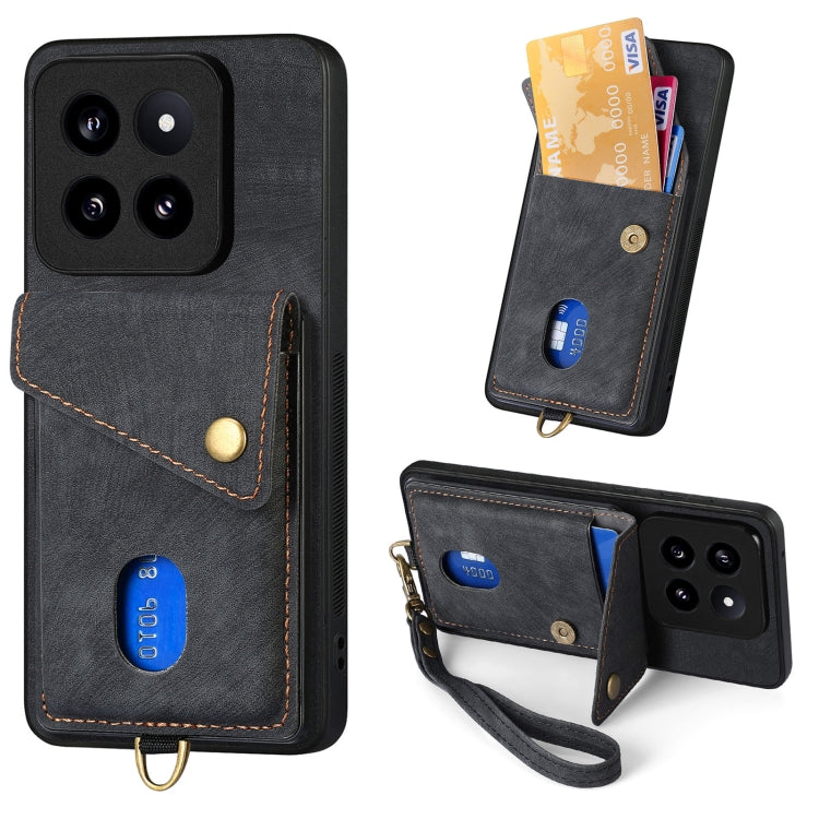 For Xiaomi 14 Pro Retro Card Wallet Fold Leather Phone Case with Strap(Black) - 14 Pro Cases by PMC TechLife | Online Shopping South Africa | PMC TechLife | Buy Now Pay Later Mobicred