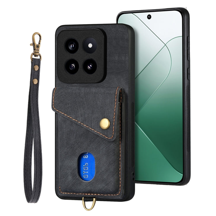 For Xiaomi 14 Pro Retro Card Wallet Fold Leather Phone Case with Strap(Black) - 14 Pro Cases by PMC TechLife | Online Shopping South Africa | PMC TechLife | Buy Now Pay Later Mobicred