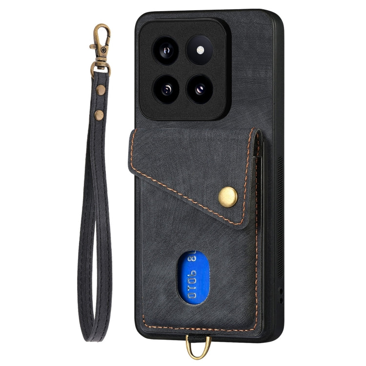 For Xiaomi 14 Pro Retro Card Wallet Fold Leather Phone Case with Strap(Black) - 14 Pro Cases by PMC TechLife | Online Shopping South Africa | PMC TechLife | Buy Now Pay Later Mobicred
