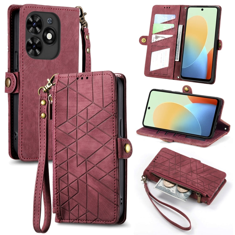 For Tecno Spark Go 2024 Geometric Zipper Wallet Side Buckle Leather Phone Case(Red) - Tecno Cases by PMC Jewellery | Online Shopping South Africa | PMC Jewellery | Buy Now Pay Later Mobicred