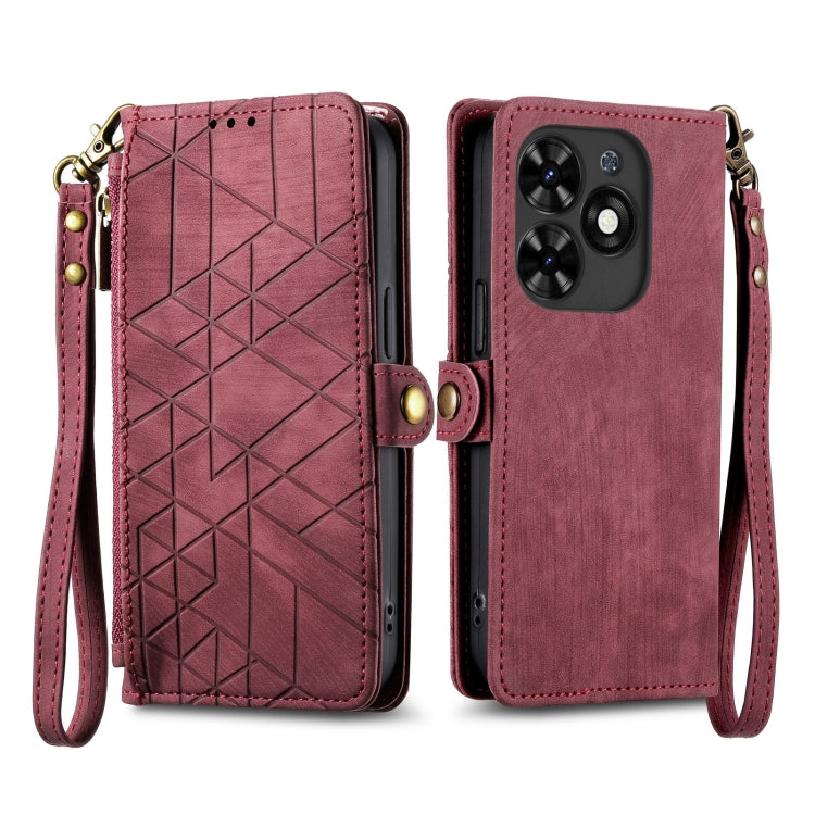 For Tecno Spark Go 2024 Geometric Zipper Wallet Side Buckle Leather Phone Case(Red) - Tecno Cases by PMC Jewellery | Online Shopping South Africa | PMC Jewellery | Buy Now Pay Later Mobicred