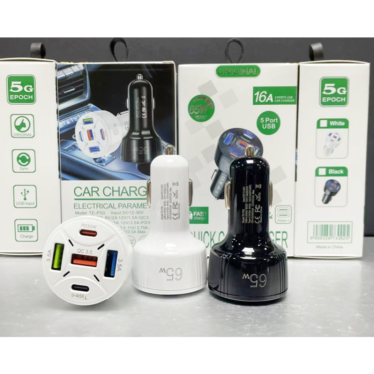 TE-P50 65W PD30W Type-C x 2 + USB x 3 Multi Port Car Charger with 1m Type-C to 8 Pin Data Cable(Black) - Car Charger by PMC TechLife | Online Shopping South Africa | PMC TechLife | Buy Now Pay Later Mobicred