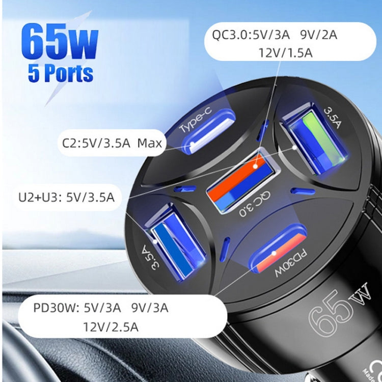 TE-P50 65W PD30W Type-C x 2 + USB x 3 Multi Port Car Charger with 1m Type-C to Type-C Data Cable(Black) - Car Charger by PMC TechLife | Online Shopping South Africa | PMC TechLife | Buy Now Pay Later Mobicred